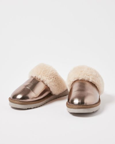 Oliver Bonas Faux Fur Metallic Gold Slippers, Size Small - Natural