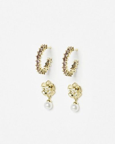 Oliver Bonas Sienna Flower Charm, Freshwater Pearl & Hoops Gold Plated Earrings Set Of Two - White