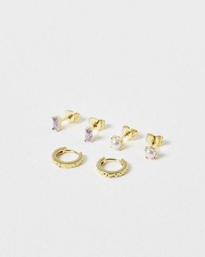 Oliver Bonas Charlotte Pearl & Engraved Hoop Earring Set - Metallic