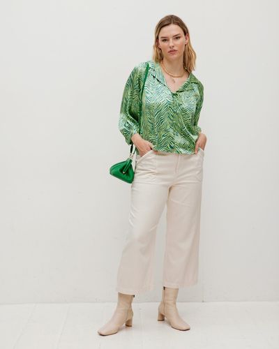 Oliver Bonas Zebra Print Tie Front Green Satin Blouse, Size 8