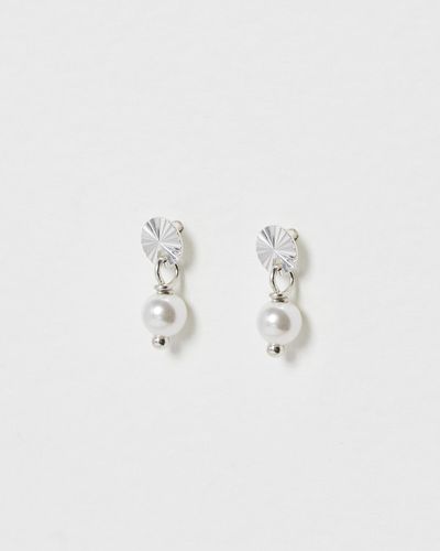 Oliver Bonas Opal Engraved Disc & Pearl Silver Drop Earrings - White