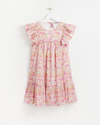 Oliver Bonas Floral Print Foiled Smock Cotton Mini Dress - Pink