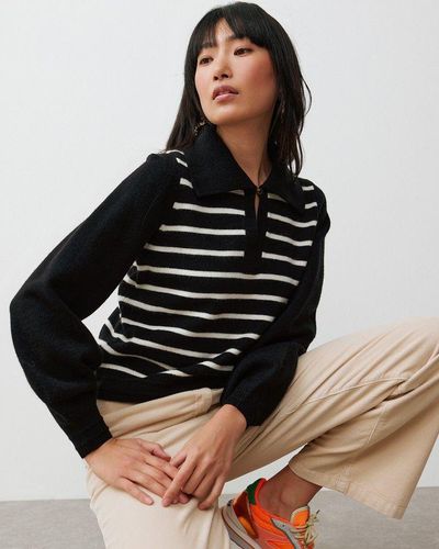 Oliver Bonas Monochrome Collared Stripe Knitted Sweater - Black