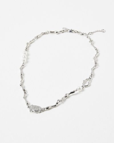 Oliver Bonas Pavati Molten Metal & Faux Pearl Silver Short Necklace - White
