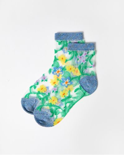 Oliver Bonas Floral Sheer Ankle Socks - Blue