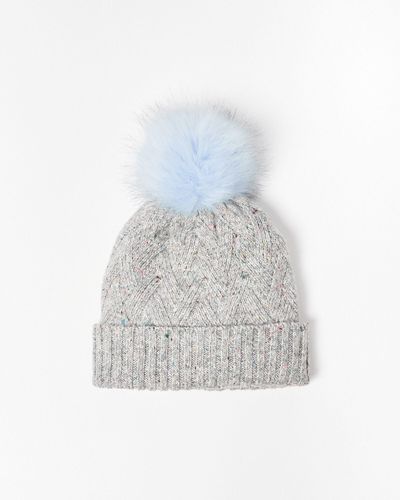 Oliver Bonas Flecked Grey & Blue Pom Knitted Beanie Hat - White
