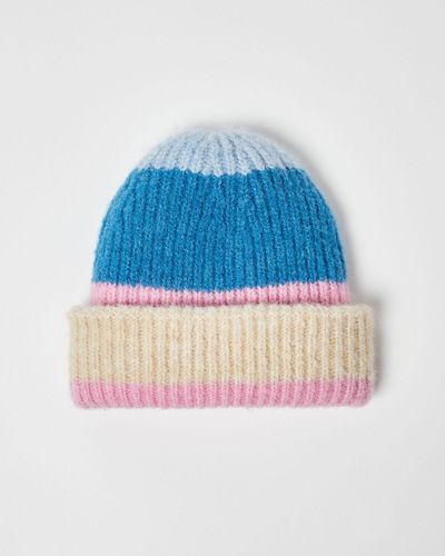 Oliver Bonas Colour Block Knitted Beanie Hat - Blue
