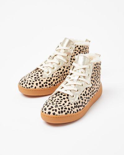 Oliver Bonas Animal Dotty & Shearling Leather High Top Trainers, Size Uk 7 - White