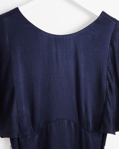 Oliver Bonas Crinkle Sleeve Navy Satin Midi Dress - Blue