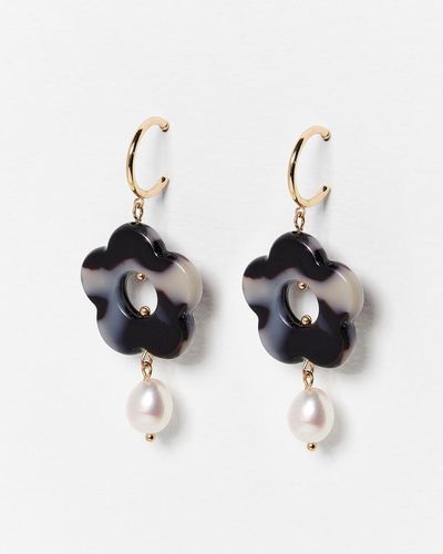 Oliver Bonas Gali Flower & Pearl Drop Hoop Earrings - Black