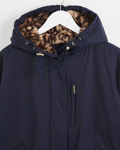 Oliver Bonas Short Animal Faux Fur Navy Hooded Parka Coat - Blue