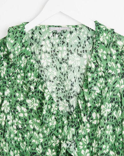 Oliver Bonas Floral Print Textured Frill Blouse - Green