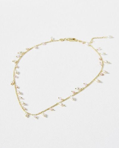 Oliver Bonas Mae Opal, Rose Quartz & Freshwater Pearl Gold Plated Chain Necklace - Natural