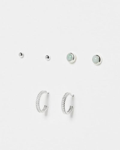 Oliver Bonas Oakley Amazonite, Stud & Hoop Silver Earrings Set Of Three - Natural