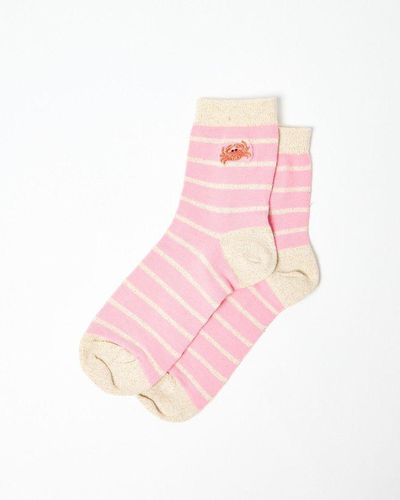Oliver Bonas Embroidered Crab Stripe Ankle Socks - Pink