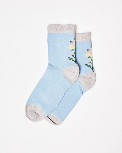Oliver Bonas & Silver Floral Ankle Socks - Blue