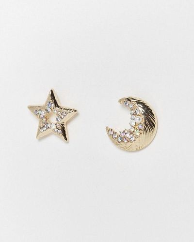 Oliver Bonas Cassiel Faux Pearl Mismatch Star & Moon Stud Earrings - Metallic