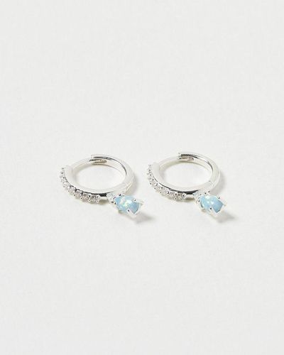 Oliver Bonas Amoria Cubic Zirconia Drop Silver Hoop Earrings - Blue