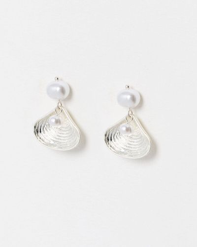 Oliver Bonas Coraline Shell & Faux Pearl Silver Drop Earrings - White