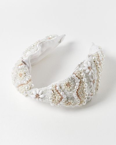 Oliver Bonas Honeysuckle Beaded Cream Knot Headband - White