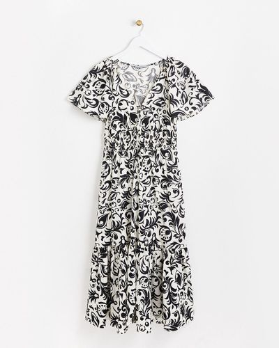 Oliver Bonas Awakening Monochrome Floral Print Midi Dress, Size 8 - White