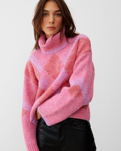 Oliver Bonas Diamond Roll Neck Knitted Jumper, Size 16 - Pink