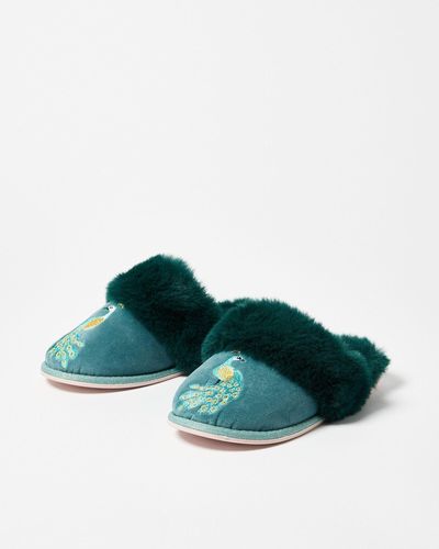 Oliver Bonas Peacock Embroidered Green Slippers & Drawstring Bag, Size Small