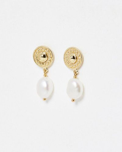 Oliver Bonas Patsy Flower Disk & Freshwater Pearl Gold Plated Drop Earrings - White