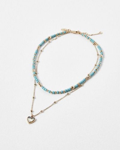 Oliver Bonas Cynthia Beads & Paua Shell Heart Layered Short Necklace - Blue