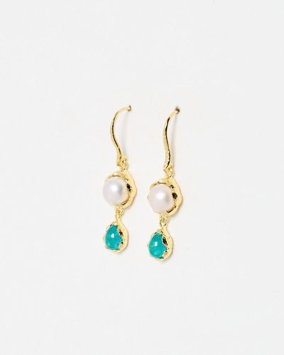 Oliver Bonas Mariah Blue Jade & Pearl Drop Earrings - White