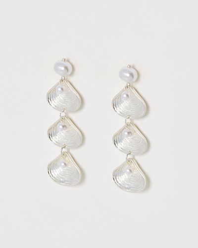 Oliver Bonas Coraline Shell & Faux Pearl Tiered Silver Hoop Earrings - White
