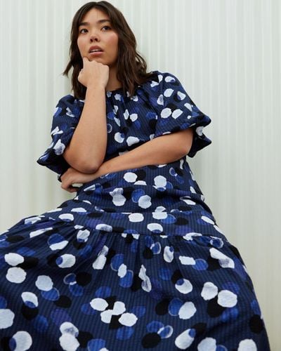 Oliver Bonas Inky Spot Puff Sleeve Midi Dress, Size 6 - Blue