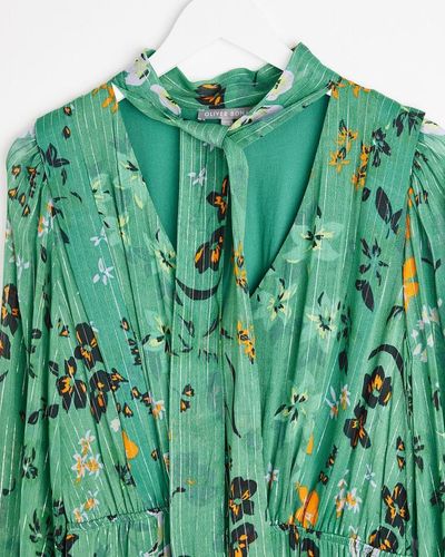 Oliver Bonas Floral Metallic Stripe Midi Dress - Green