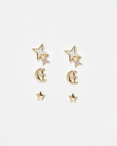 Oliver Bonas Sagittarius Shell & Gold Moon & Stars Stud Earrings Pack Of Three - White