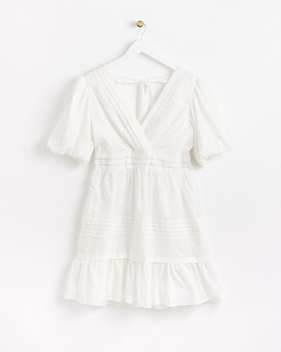 Oliver Bonas Ivory White V Neck Frill Mini Dress, Size 18