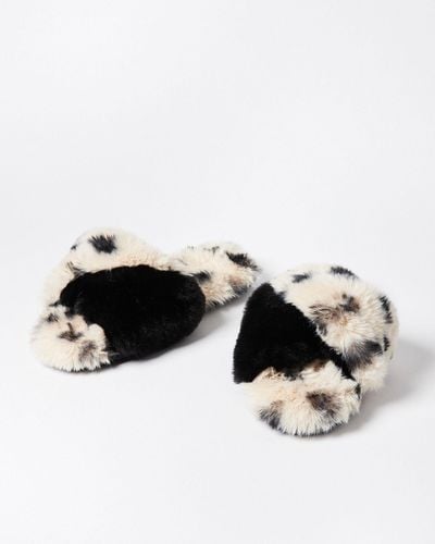 Oliver Bonas Black & White Spotty Animal Faux Fur Slippers, Size Small - Multicolour