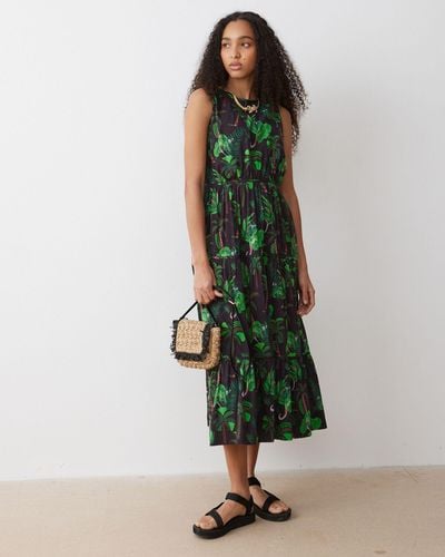 Oliver Bonas Tropical Print Tiered Midi Dress, Size 6 - Black