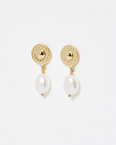 Oliver Bonas Patsy Flower Disc & Freshwater Pearl Drop Earrings - White