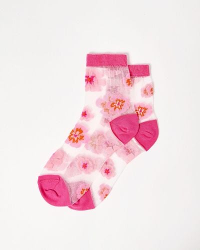 Oliver Bonas Orange & Floral Sheer Ankle Socks - Pink