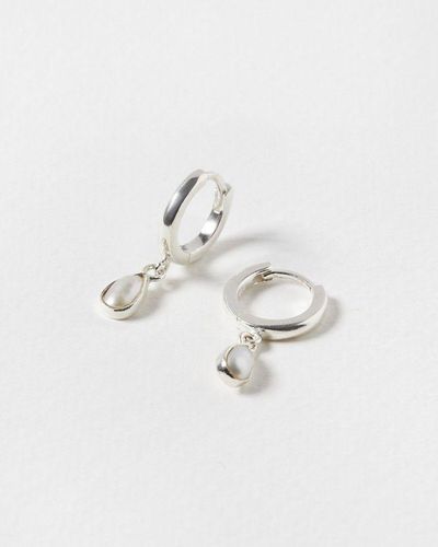 Oliver Bonas Auden Tiny Teardrop Freshwater Pearl & Silver Huggie Earrings - White