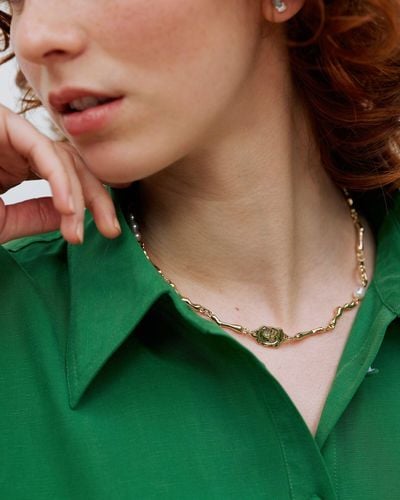 Oliver Bonas Pavati Molten Metal & Faux Pearl Gold Short Necklace - Green