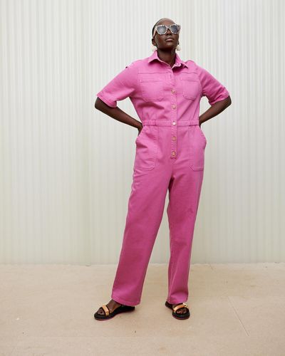 Oliver Bonas Rose Denim Short Sleeve Jumpsuit, Size 6 - Pink
