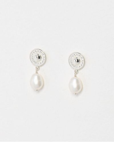 Oliver Bonas Patsy Flower Disc & Freshwater Pearl Drop Silver Drop Earrings - Natural