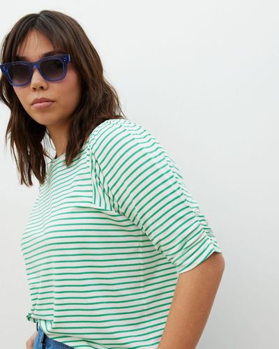 Oliver Bonas & White Stripe Puff Sleeve Jersey Top, Size 18 - Blue