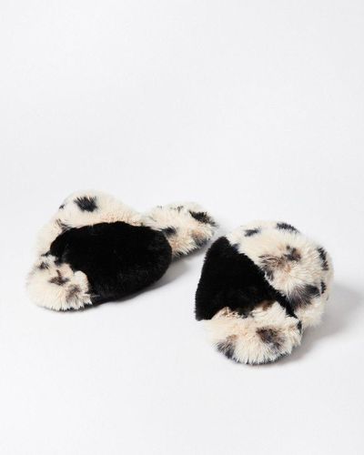 Oliver Bonas Black & Spotty Animal Faux Fur Slippers - Natural