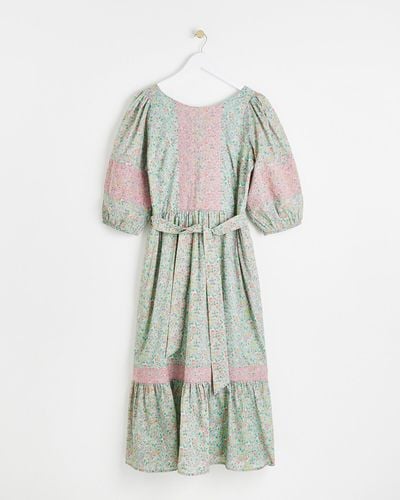 Oliver Bonas Embroidered Floral Print Green & Pink Midi Dress, Size 18