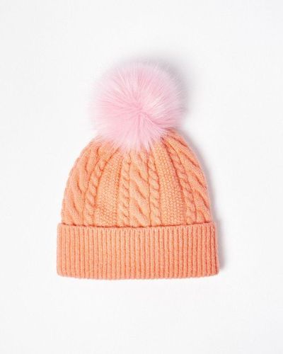 Oliver Bonas Cable Coral Pom Knitted Beanie Hat - Pink