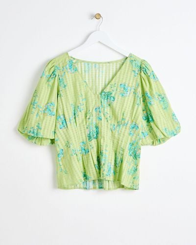 Oliver Bonas Checked Floral Blouse, Size 6 - Green