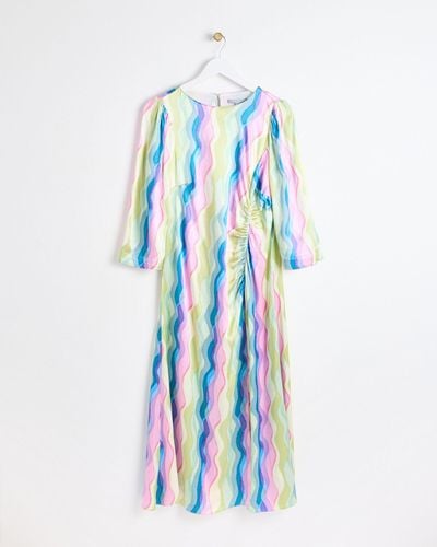 Oliver Bonas Rainbow Swirl Print Ruched Midi Dress, Size 6 - Blue