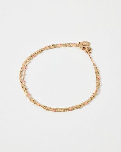 Oliver Bonas Vera Coral Pink & Gold Layered Anklet - White